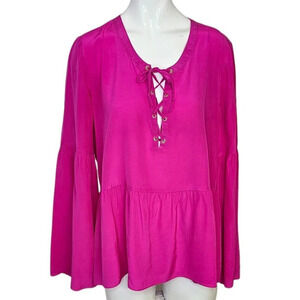 Lilly Pulitzer 100% Silk Tie Front Lace Up Blouse Pink  Size Medium Bell Sleeve